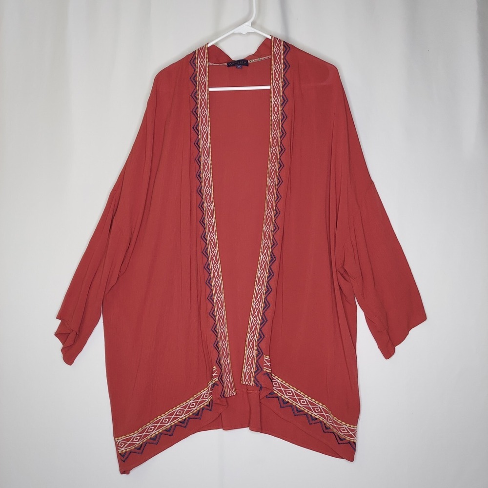 Artesia Long Open Cardigan Women XL Red Gauze 3/4 Sleeve Embroidered Boho‎ Trim